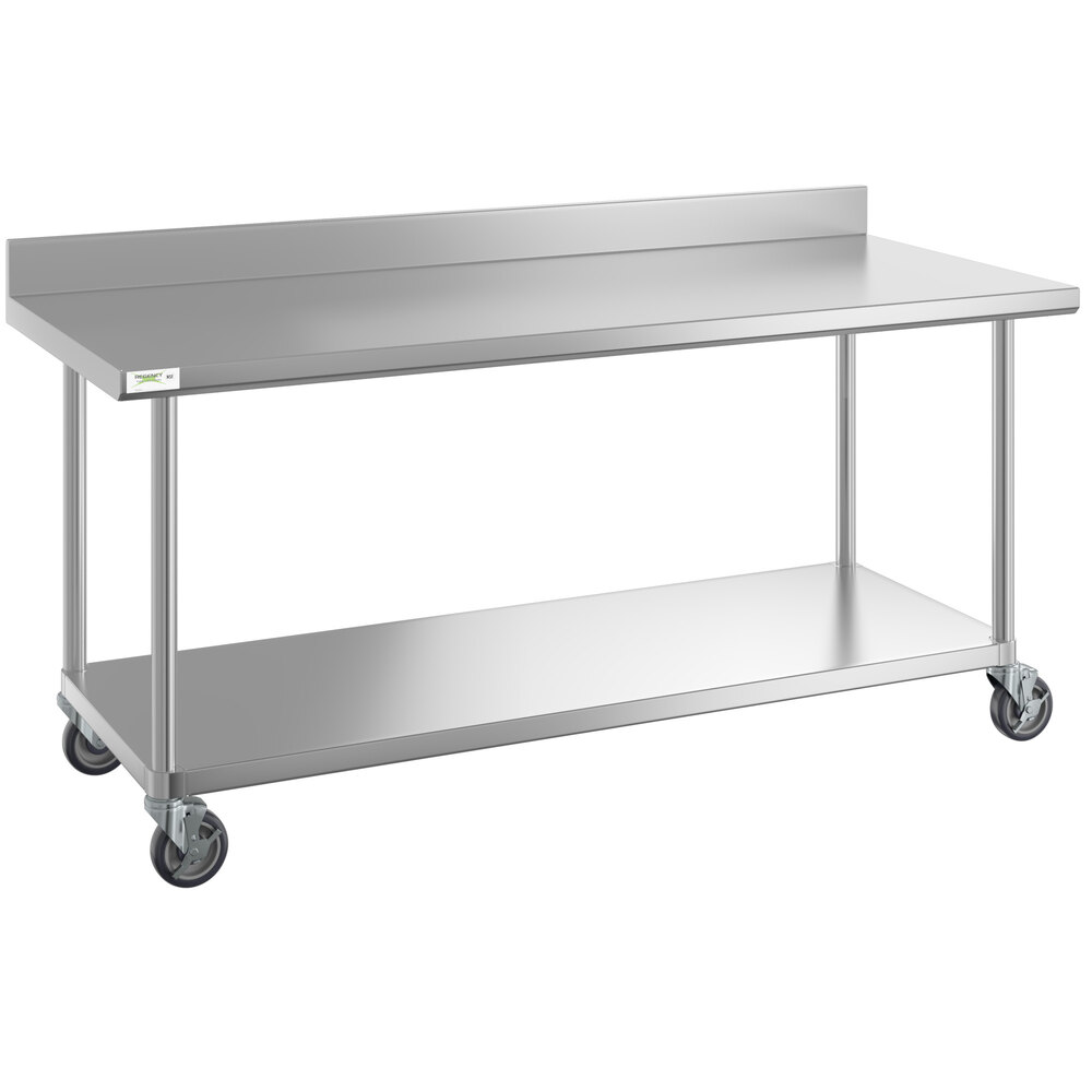 Regency 30 inch x 72 inch 16-Gauge 304 Stainless Steel Commercial Work Table with 4 inch Backsplash, Undershelf, and Casters