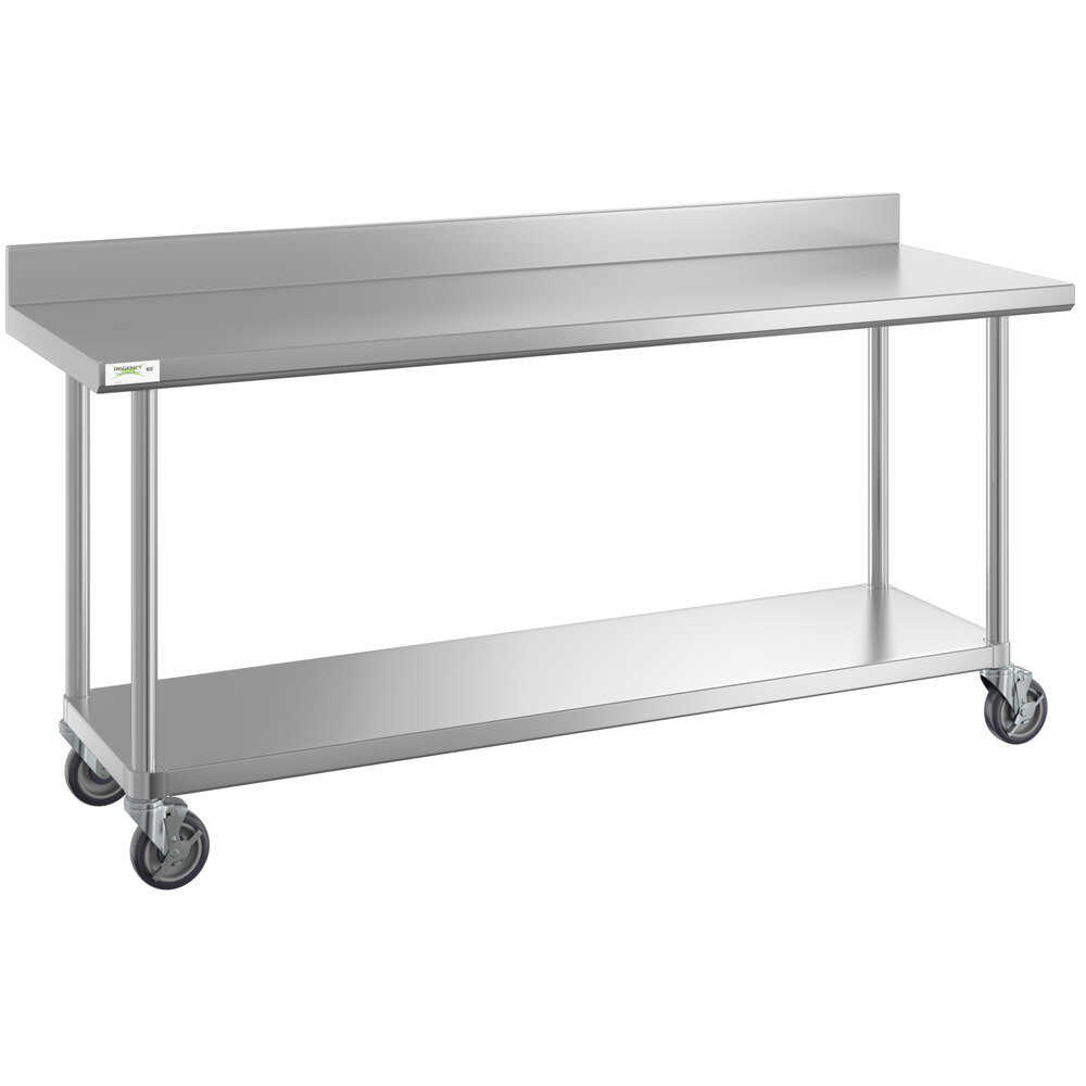 Regency 24 inch x 72 inch 16-Gauge 304 Stainless Steel Commercial Work Table with 4 inch Backsplash, Undershelf, and Casters