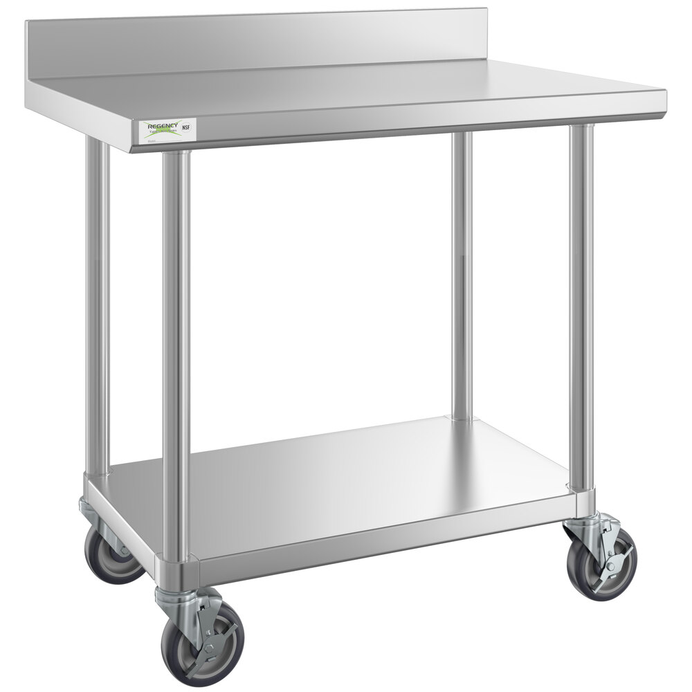Regency 24 inch x 36 inch 16-Gauge 304 Stainless Steel Commercial Work Table with 4 inch Backsplash, Undershelf, and Casters