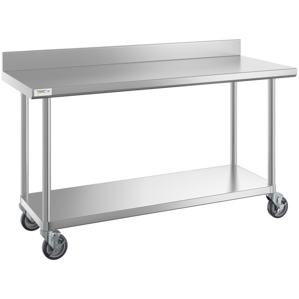 Regency 24 inch x 60 inch 16-Gauge 304 Stainless Steel Commercial Work Table with 4 inch Backsplash, Undershelf, and Casters
