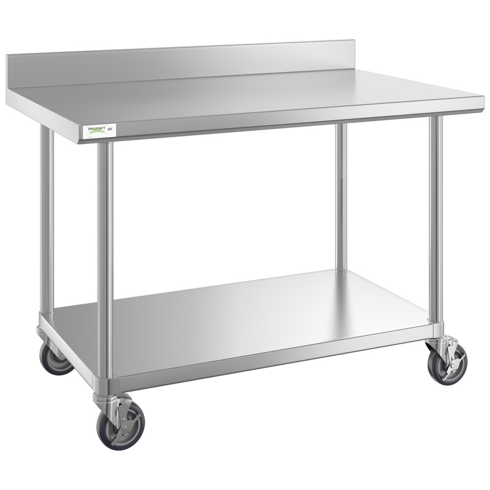 Regency 30 inch x 48 inch 16-Gauge 304 Stainless Steel Commercial Work Table with 4 inch Backsplash, Undershelf, and Casters