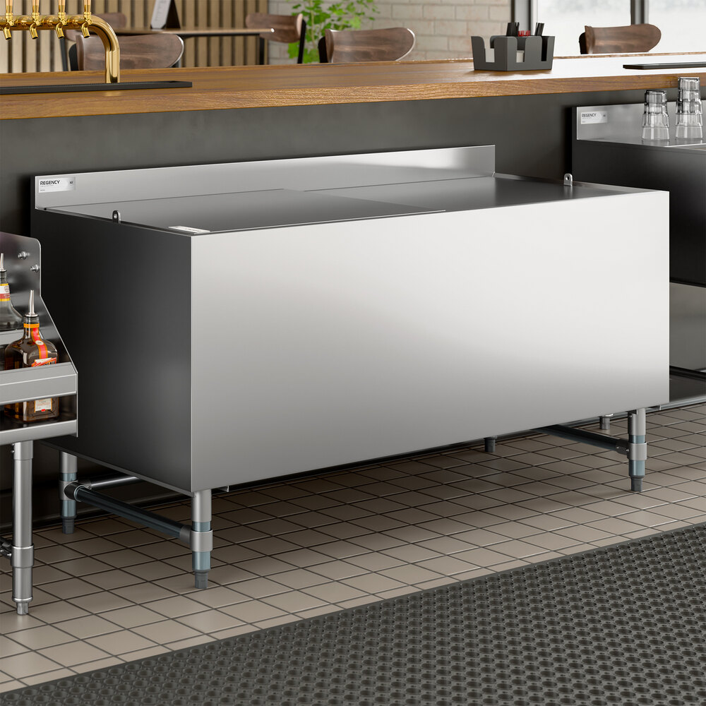 A stainless steel beer box with a lid and 3-inch backsplash, designed for bar use.