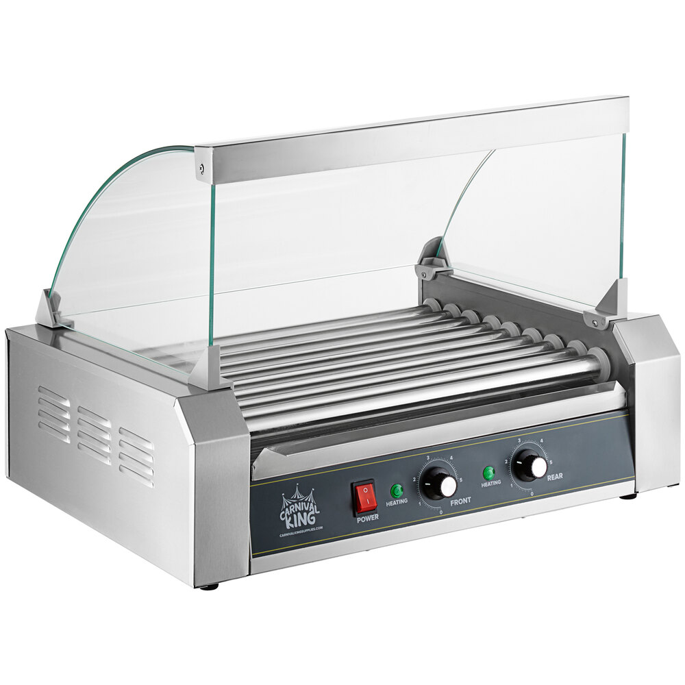 Carnival King HDRG24 24 Hot Dog Roller Grill with 9 Rollers and Glass Sneeze Guard - 120V, 1170W