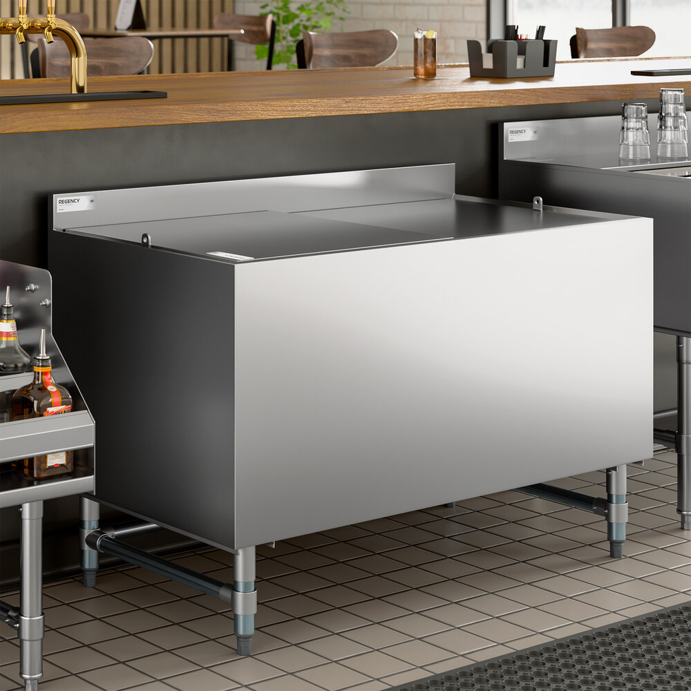 A stainless steel beer box with a lid and backsplash, designed for commercial bar use.