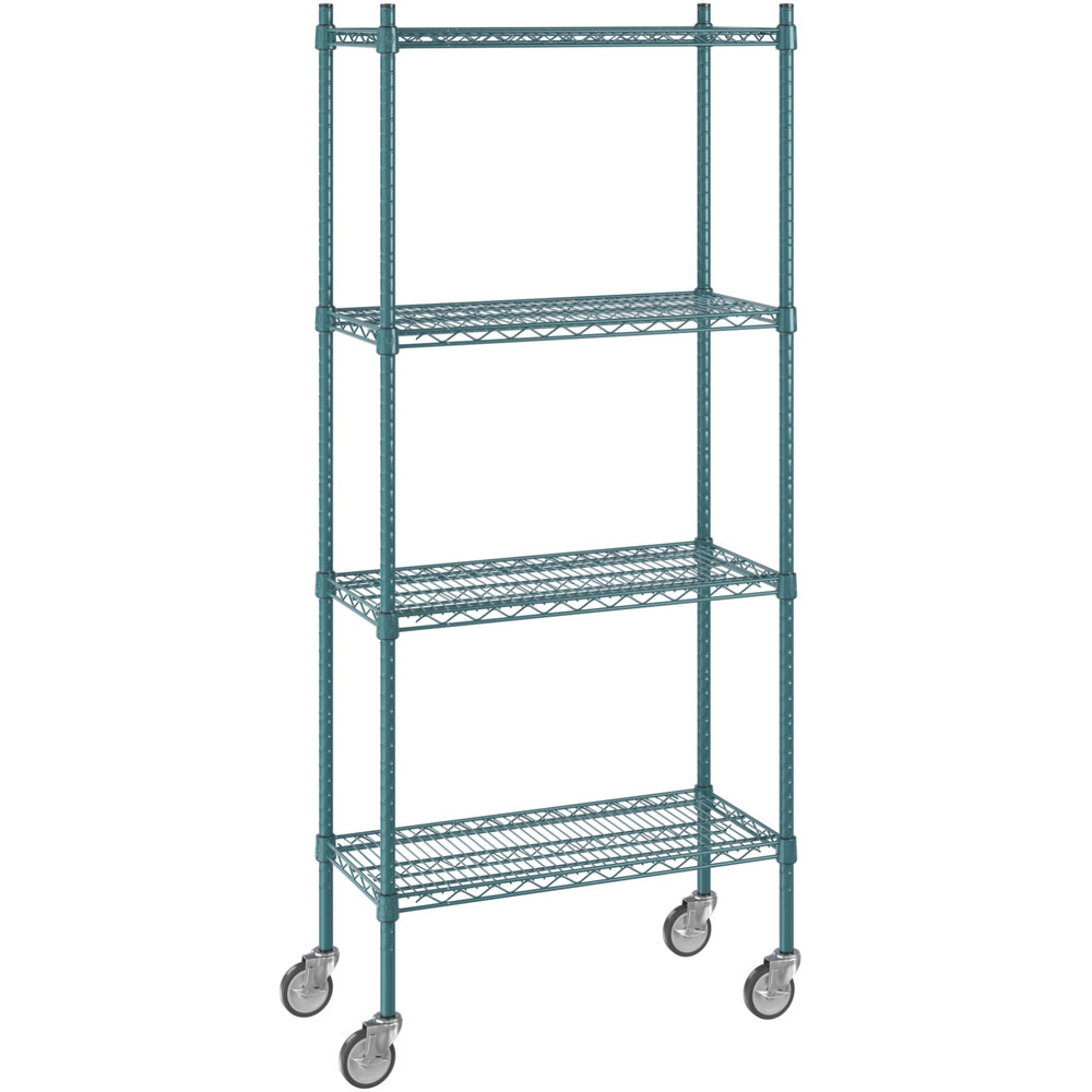 Regency 14 inch x 30 inch NSF Green Epoxy 4-Shelf Starter Kit with 64 inch Posts and Casters