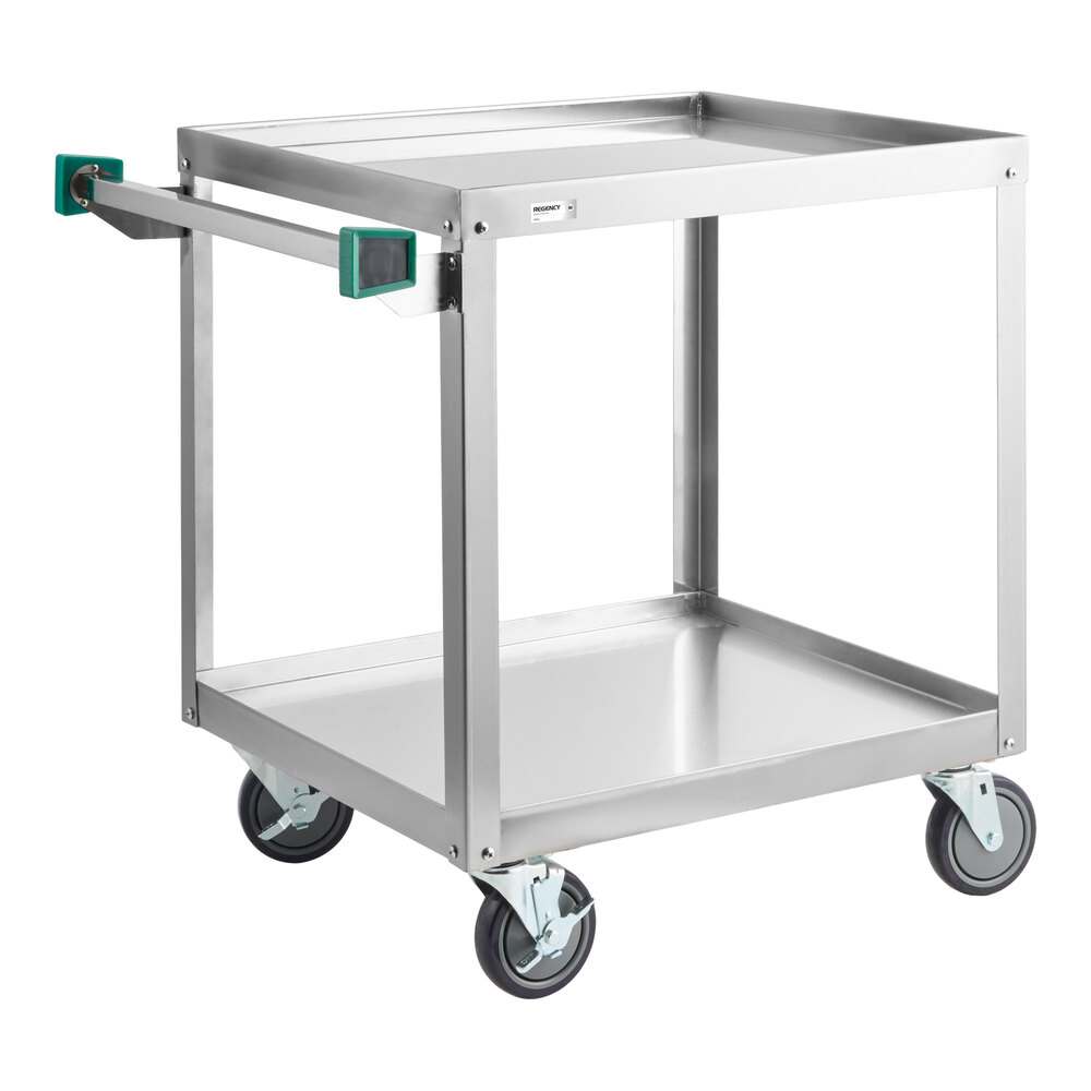 A metal utility cart with two shelves, four caster wheels, and a handle on one side.