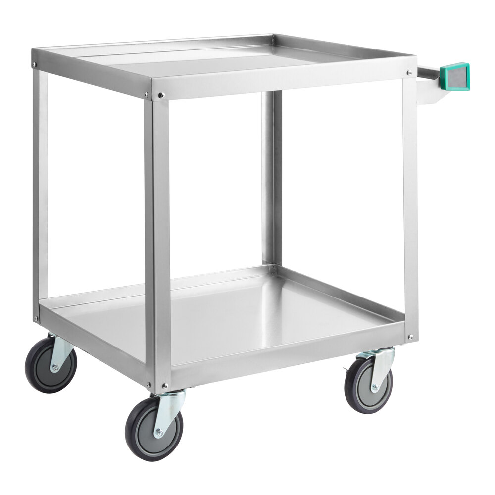 A stainless steel utility cart with two shelves, four wheels, and a handle on one side.