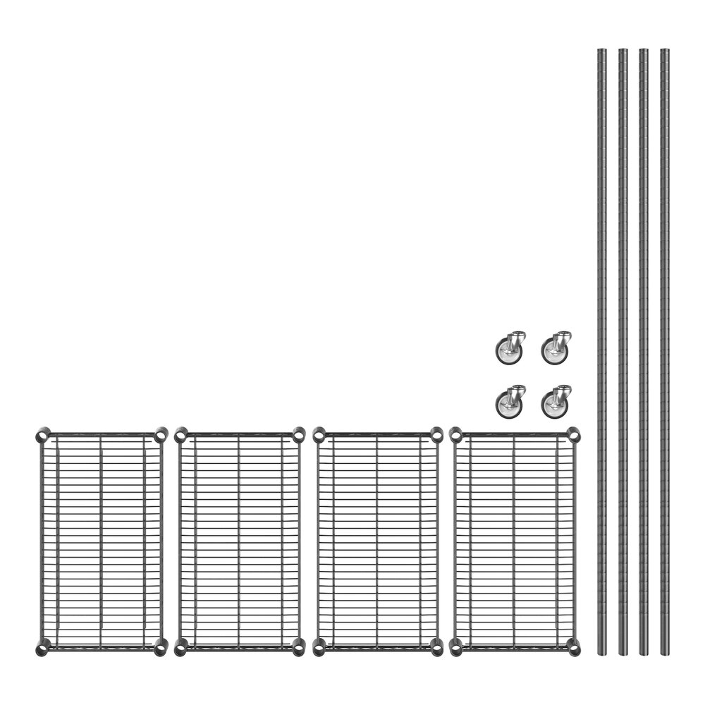 A Regency black metal shelving unit with wheels and metal rods.