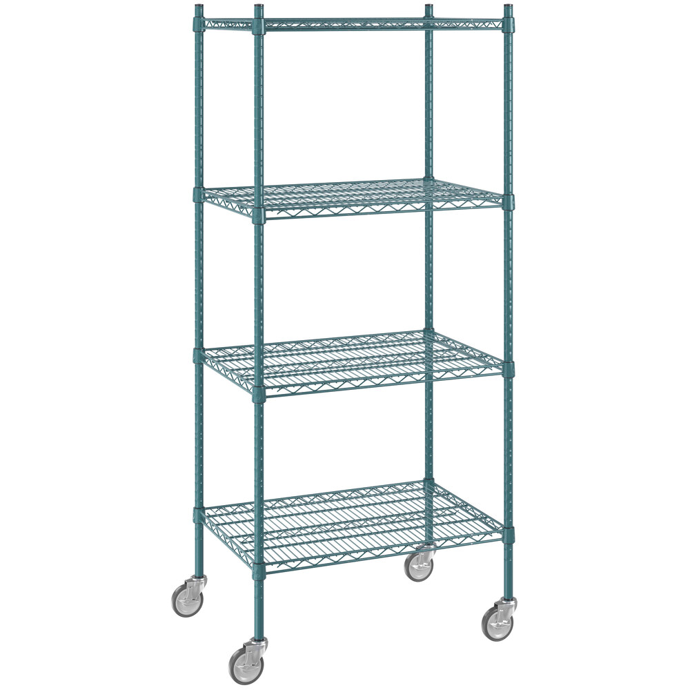 Regency 21 inch x 30 inch NSF Green Epoxy 4-Shelf Starter Kit with 64 inch Posts and Casters