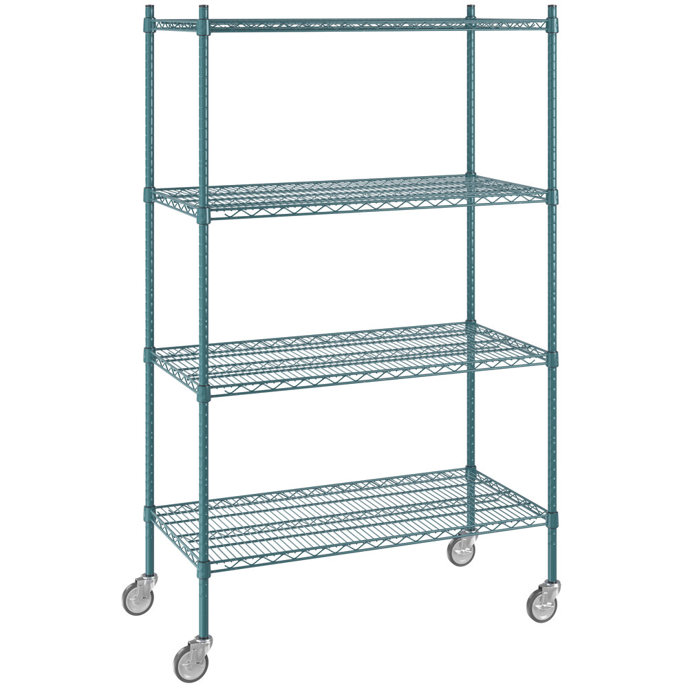 Regency 21 inch x 42 inch NSF Green Epoxy 4-Shelf Starter Kit with 64 inch Posts and Casters