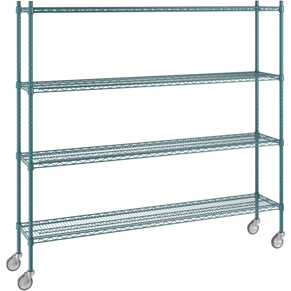 Regency 14 inch x 72 inch NSF Green Epoxy 4-Shelf Starter Kit with 64 inch Posts and Casters