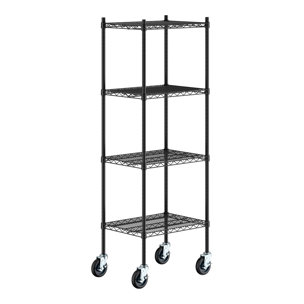 A tall, black, four-shelf wire shelving unit on four caster wheels.