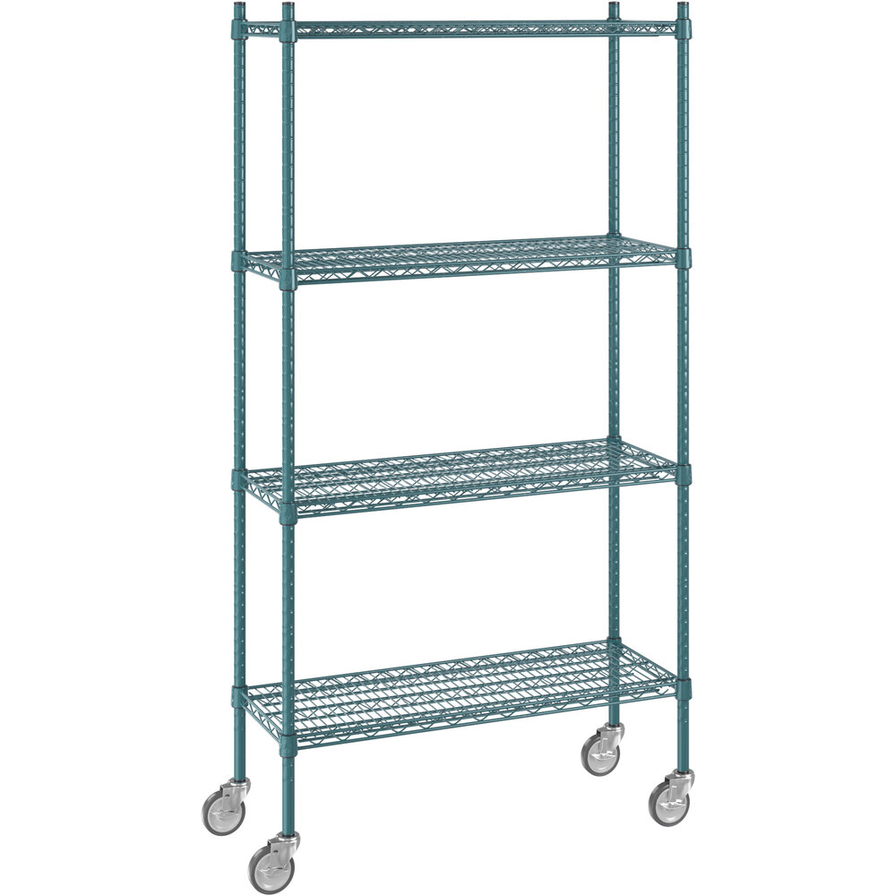 Regency 14 inch x 36 inch NSF Green Epoxy 4-Shelf Starter Kit with 64 inch Posts and Casters