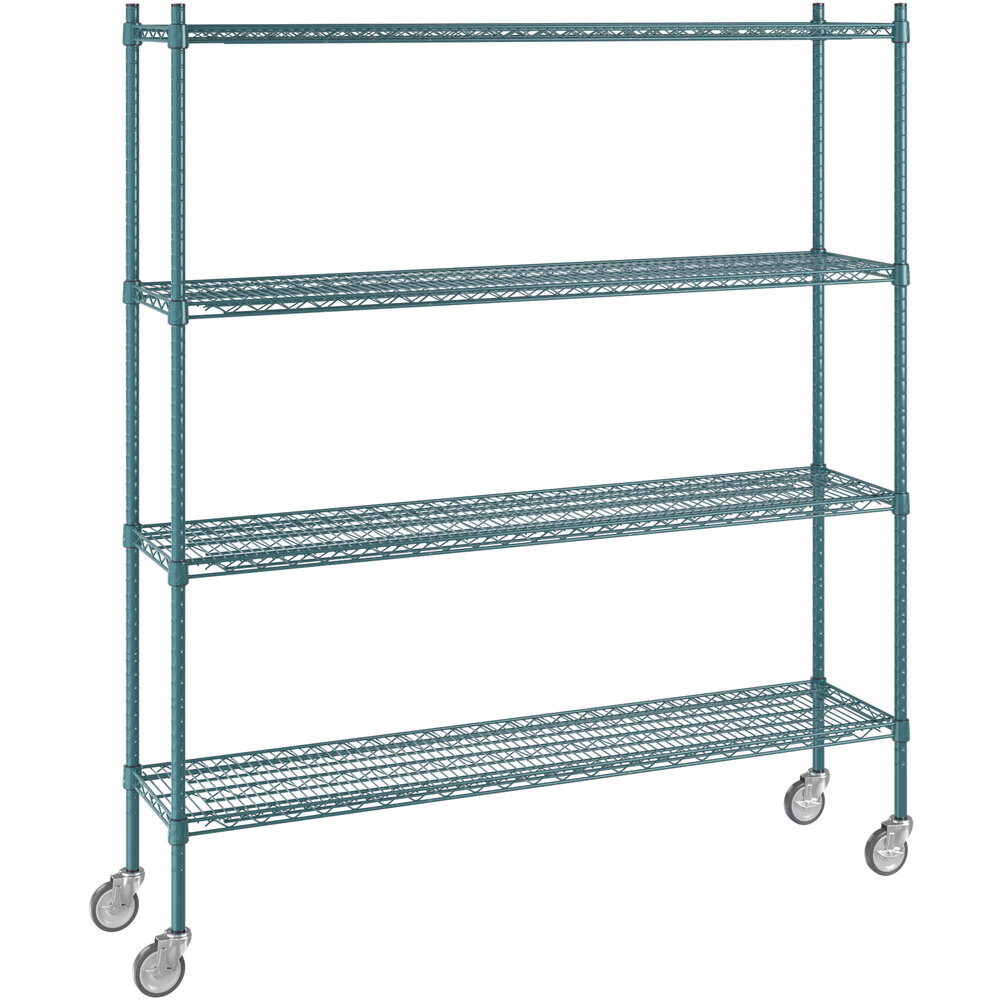 Regency 14 inch x 60 inch NSF Green Epoxy 4-Shelf Starter Kit with 64 inch Posts and Casters