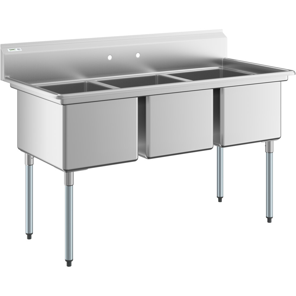 Regency 63 inch 16 Gauge Stainless Steel Three Compartment Commercial Sink with Galvanized Steel Legs - 24 inch x 18 inch x 14 inch Bowls