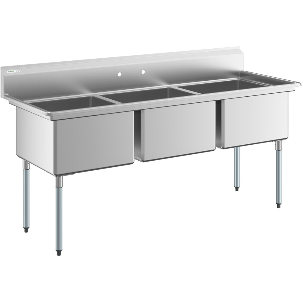 Regency 81 inch 16 Gauge Stainless Steel Three Compartment Commercial Sink with Galvanized Steel Legs - 24 inch x 24 inch x 14 inch Bowls