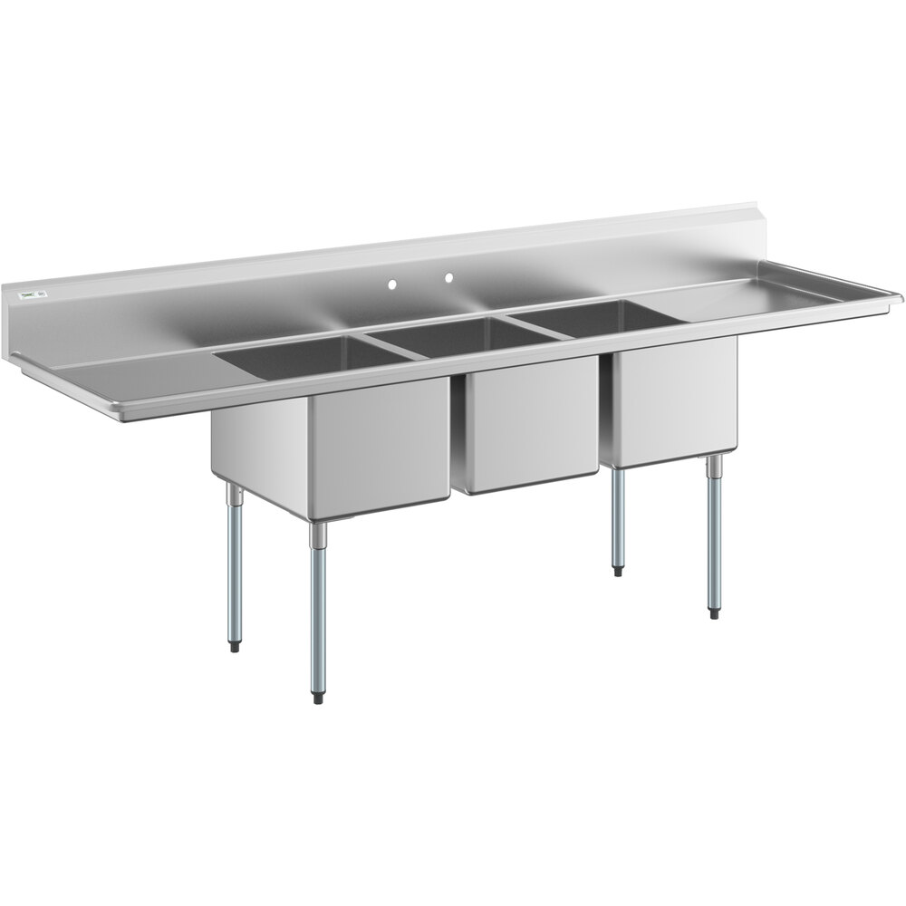 Regency 106 inch 16 Gauge Stainless Steel Three Compartment Commercial Sink with Galvanized Steel Legs and 2 Drainboards - 18 inch x 24 inch x 14 inch Bowls