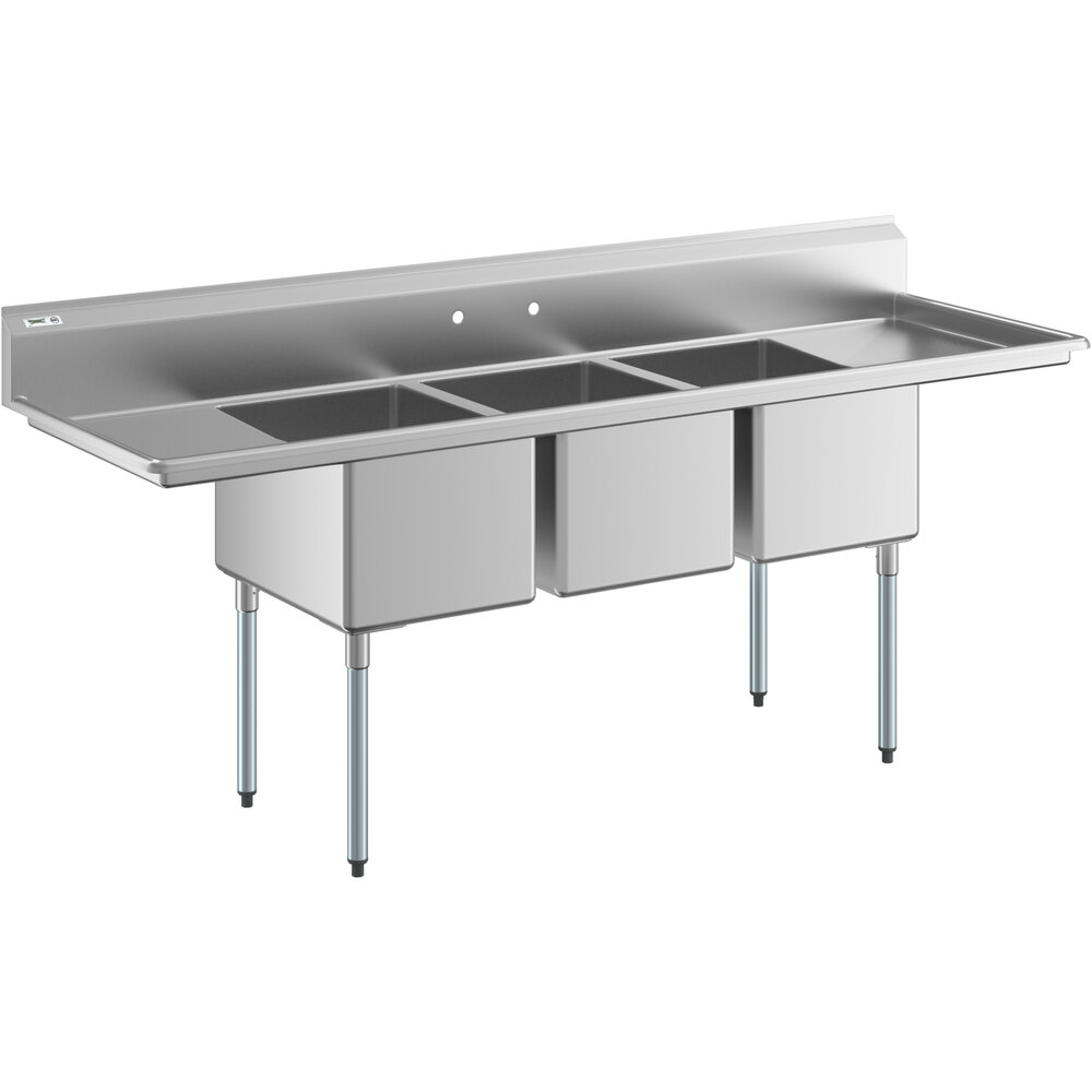 Regency 94 inch 16 Gauge Stainless Steel Three Compartment Commercial Sink with Galvanized Steel Legs and 2 Drainboards - 18 inch x 24 inch x 14 inch Bowls
