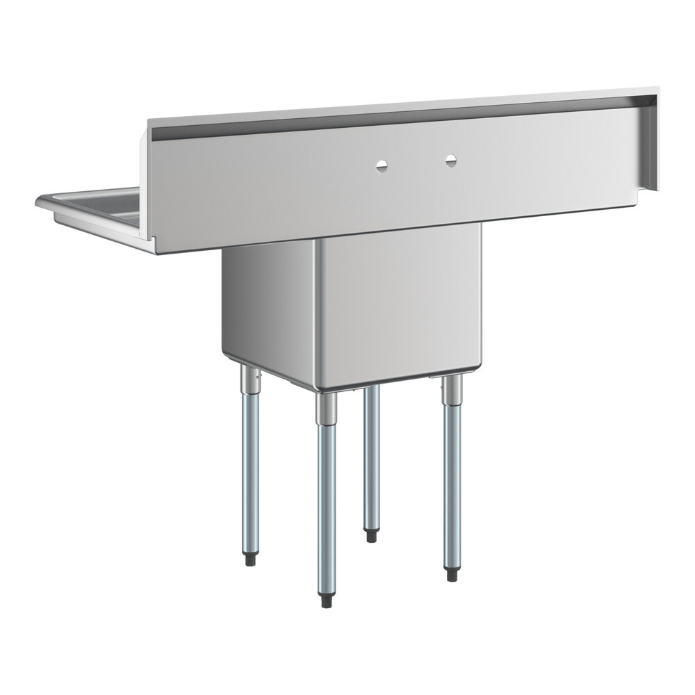 A stainless steel commercial sink with four metal legs, a single deep basin, and two side drainboards.
