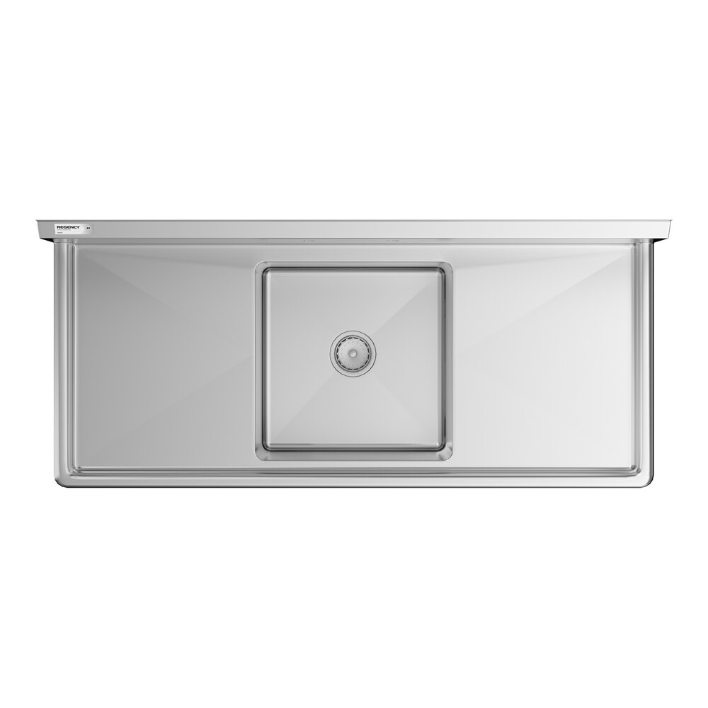 A rectangular stainless steel sink with a single square basin in the center and flat drainboard surfaces on both sides.