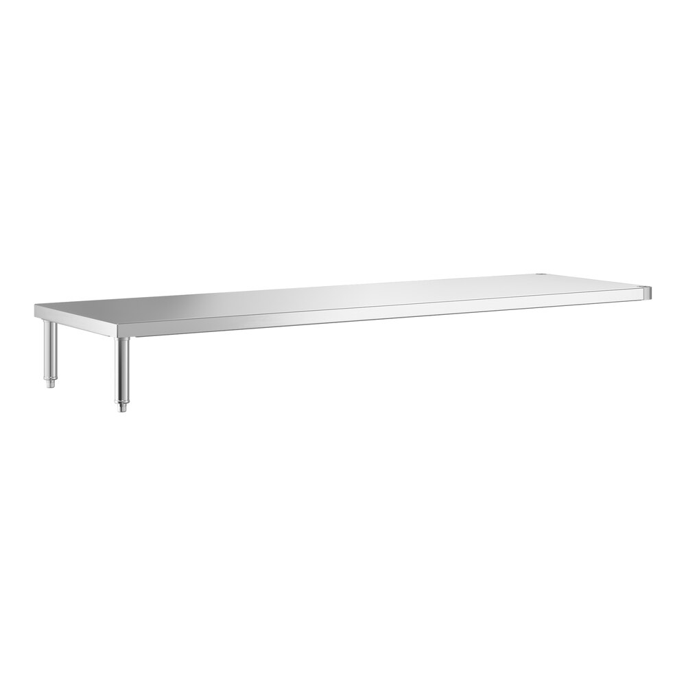 A long, rectangular stainless steel shelf with two supporting legs on one side.