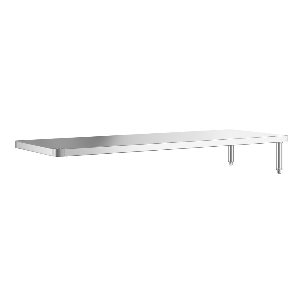 A rectangular stainless steel shelf with two supporting legs on one side.