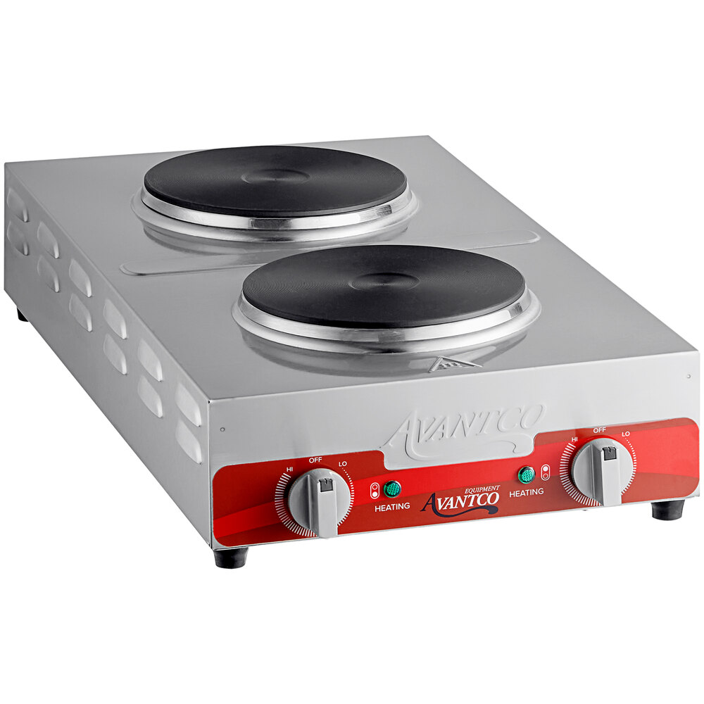 Avantco 177EB202F2BA Double Burner Solid Top Stainless Steel Portable  Electric Front-to-Back Hot Plate - 1,800W, 120V