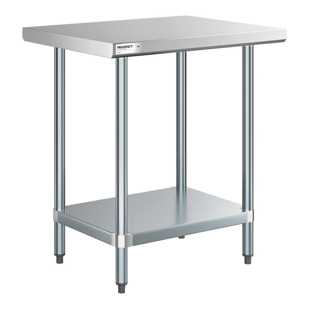 A metal work table with a flat top surface, four cylindrical legs, and a lower shelf.