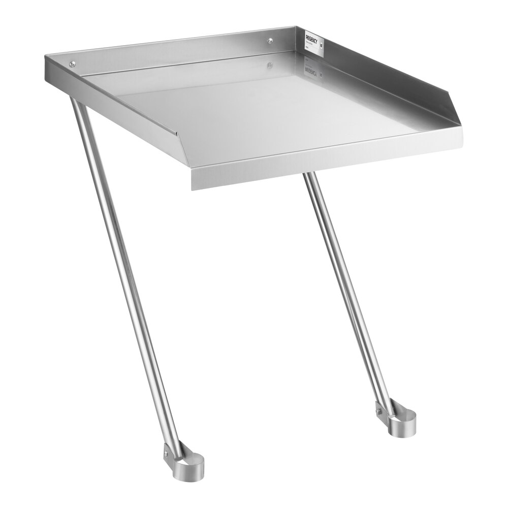 A metal drainboard with raised edges and two angled support legs.