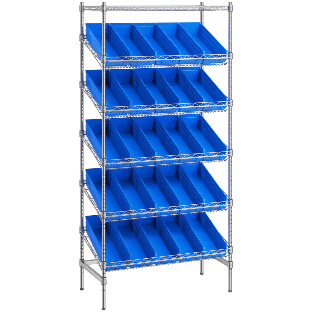 Regency 18 inch x 36 inch Stationary Slanted Chrome Shelf Unit with 25 Blue Bins