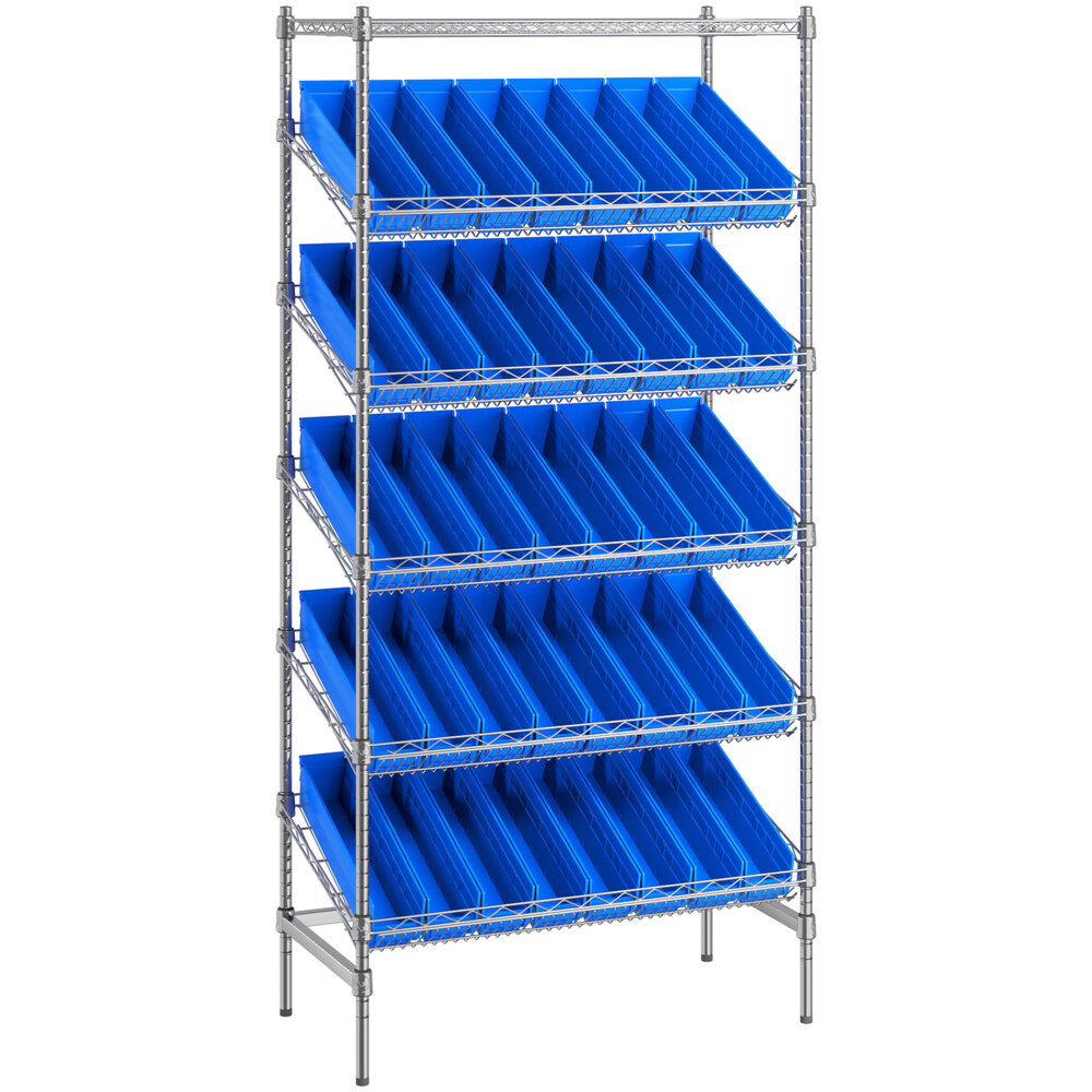 Regency 18 inch x 36 inch Stationary Slanted Chrome Shelf Unit with 40 Blue Bins