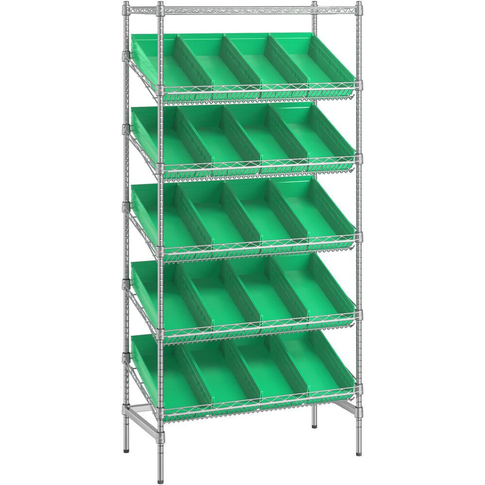 Regency 18 inch x 36 inch Stationary Slanted Chrome Shelf Unit with 20 Green Bins
