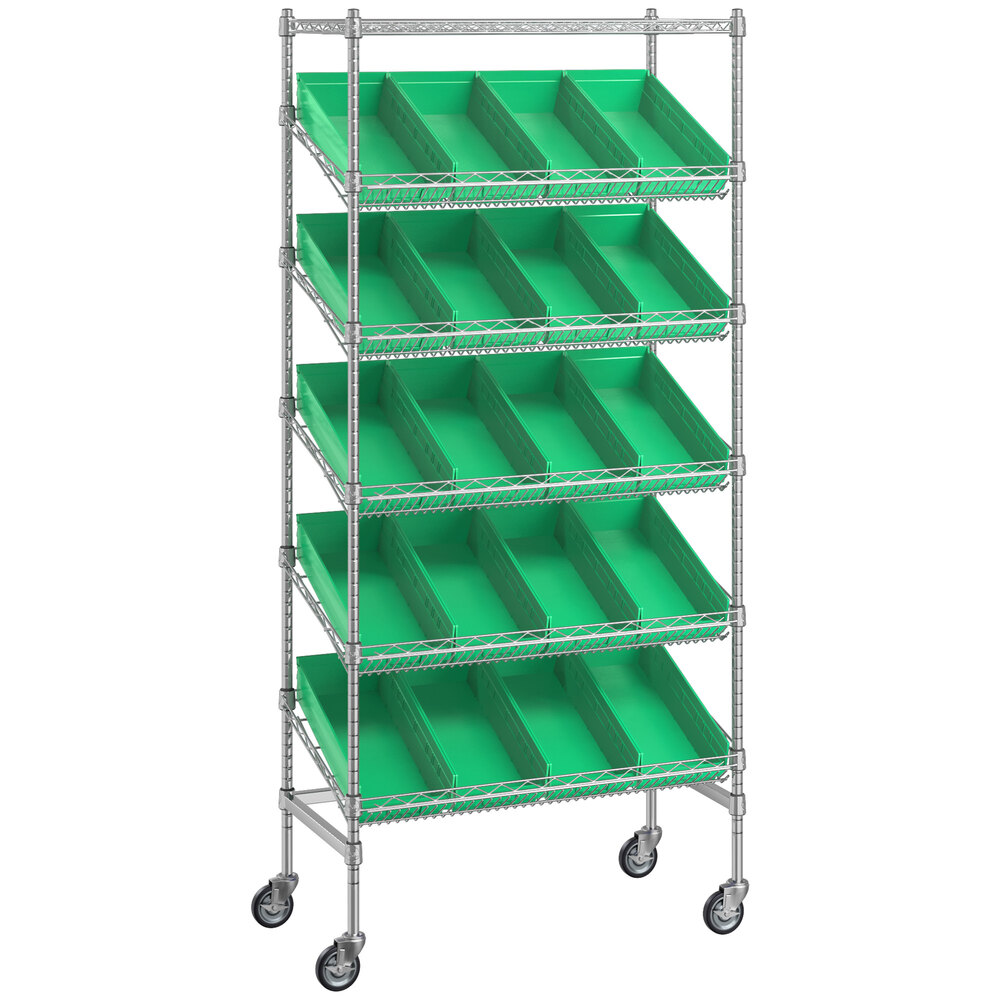 Regency 18 inch x 36 inch Mobile Slanted Chrome Shelf Unit with 20 Green Bins