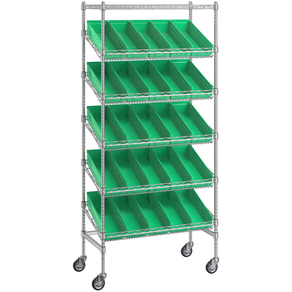 Regency 18 inch x 36 inch Mobile Slanted Chrome Shelf Unit with 25 Green Bins