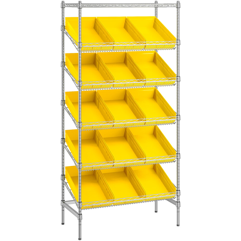 Regency 18 inch x 36 inch Stationary Slanted Chrome Shelf Unit with 15 Yellow Bins