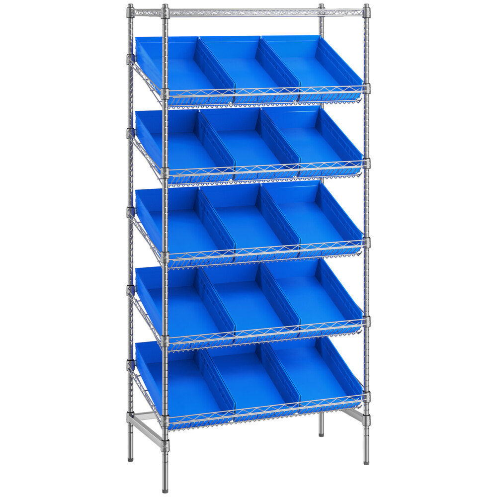 Regency 18 inch x 36 inch Stationary Slanted Chrome Shelf Unit with 15 Blue Bins