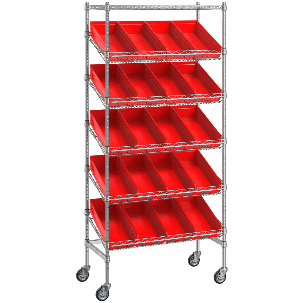 Regency 18 inch x 36 inch Mobile Slanted Chrome Shelf Unit with 20 Red Bins