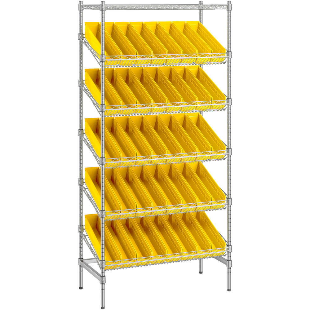 Regency 18 inch x 36 inch Stationary Slanted Chrome Shelf Unit with 40 Yellow Bins