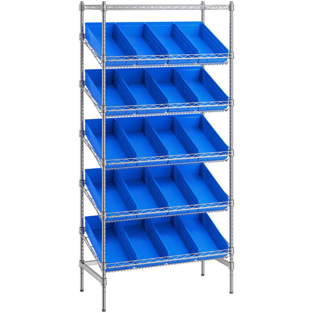 Regency 18 inch x 36 inch Stationary Slanted Chrome Shelf Unit with 20 Blue Bins