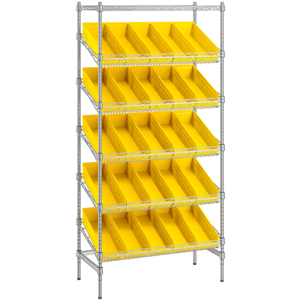 Regency 18 inch x 36 inch Stationary Slanted Chrome Shelf Unit with 25 Yellow Bins