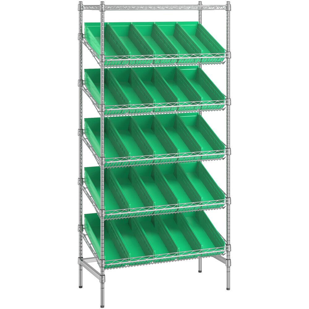 Regency 18 inch x 36 inch Stationary Slanted Chrome Shelf Unit with 25 Green Bins