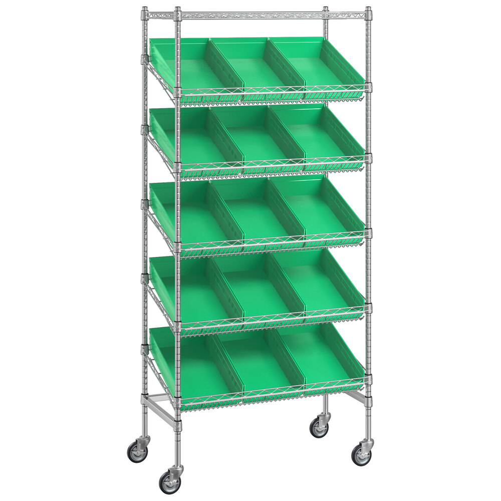 Regency 18 inch x 36 inch Mobile Slanted Chrome Shelf Unit with 15 Green Bins