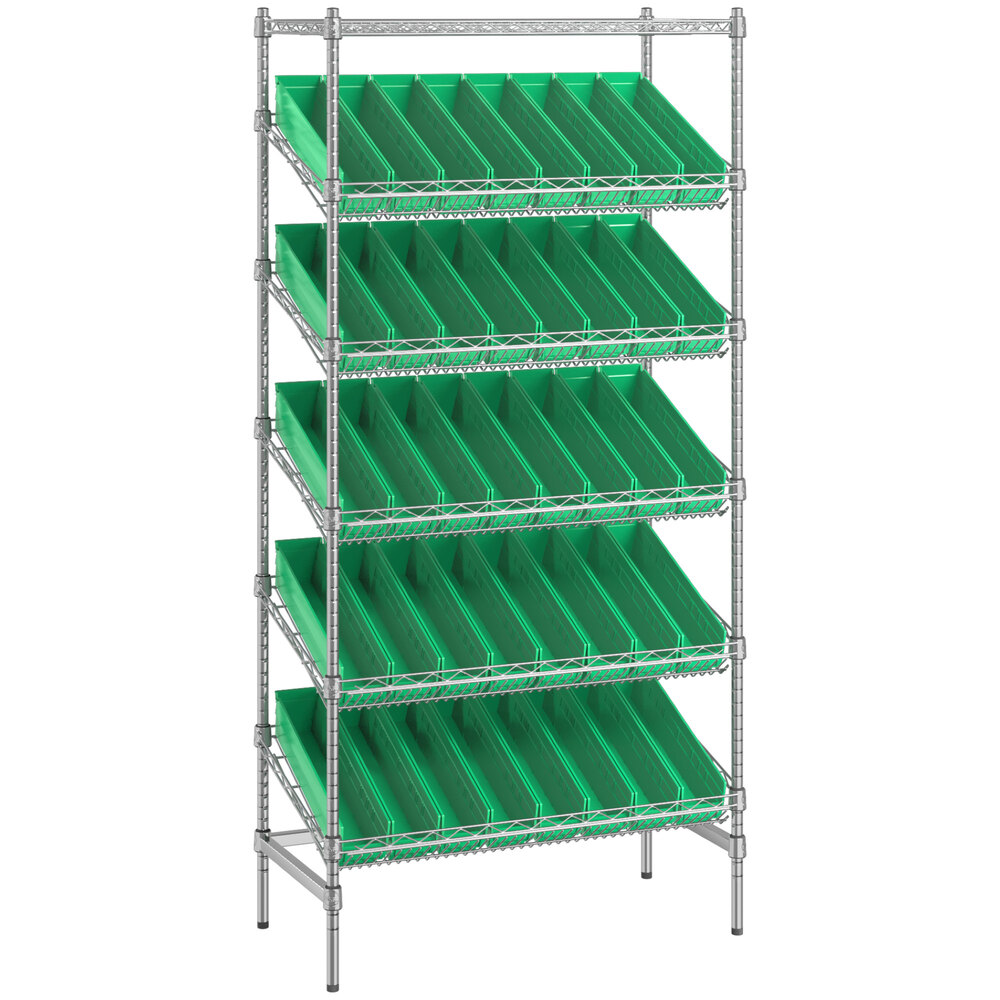 Regency 18 inch x 36 inch Stationary Slanted Chrome Shelf Unit with 40 Green Bins