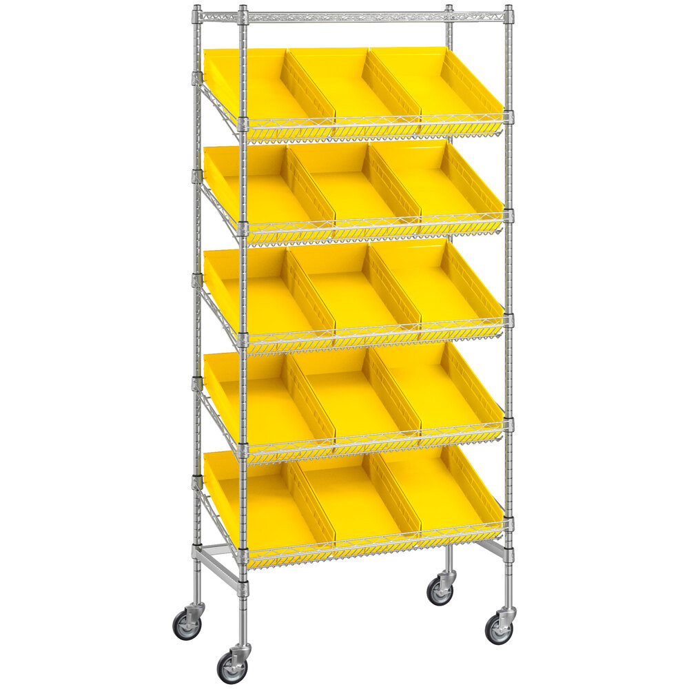 Regency 18 inch x 36 inch Mobile Slanted Chrome Shelf Unit with 15 Yellow Bins