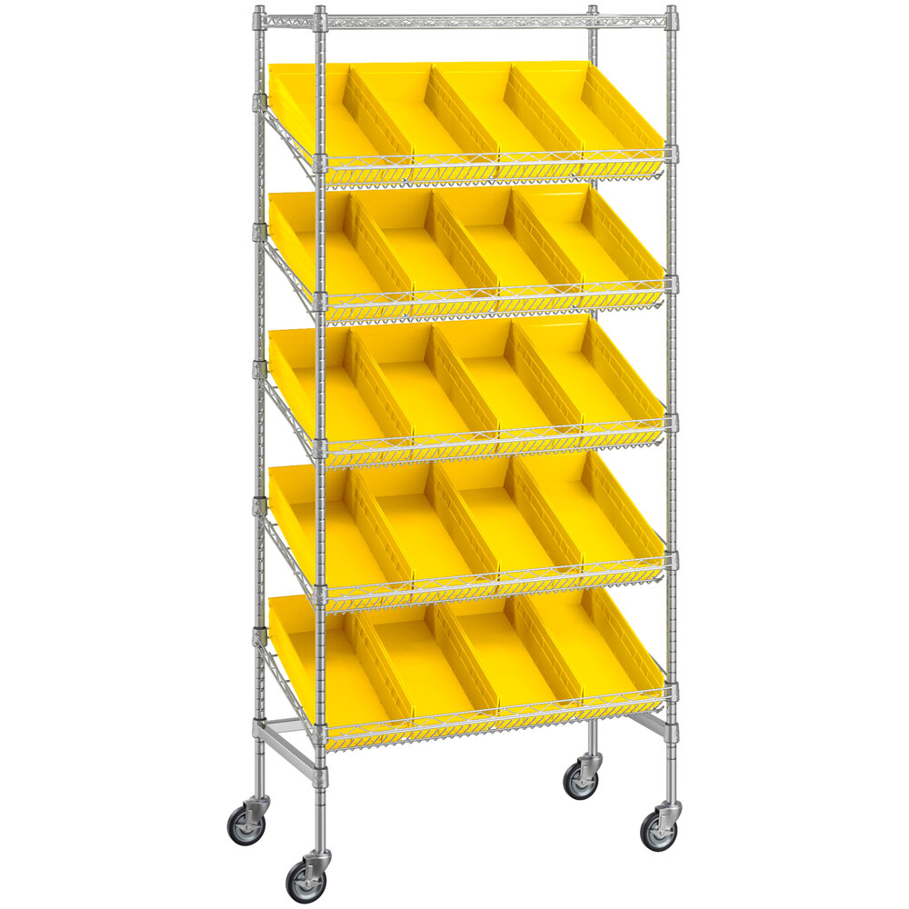 Regency 18 inch x 36 inch Mobile Slanted Chrome Shelf Unit with 20 Yellow Bins