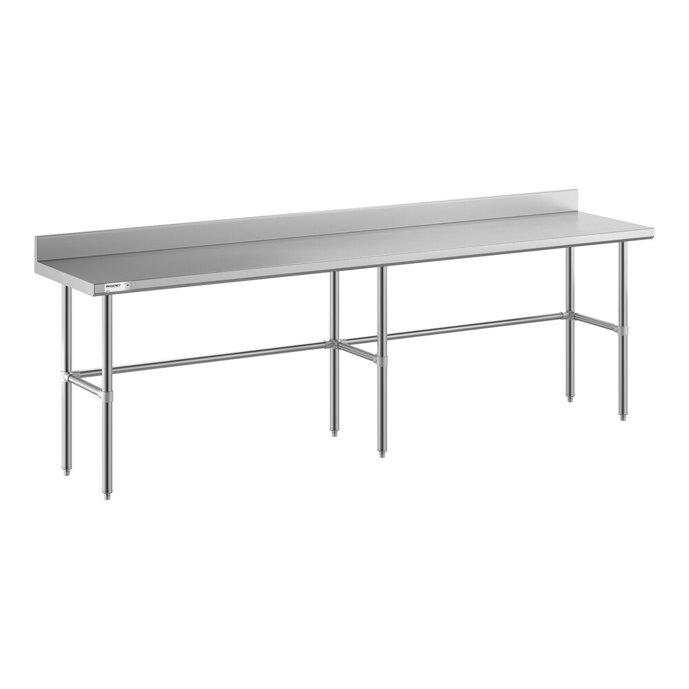 A long stainless steel work table with an open base, six legs, and a 4-inch backsplash along the back edge.