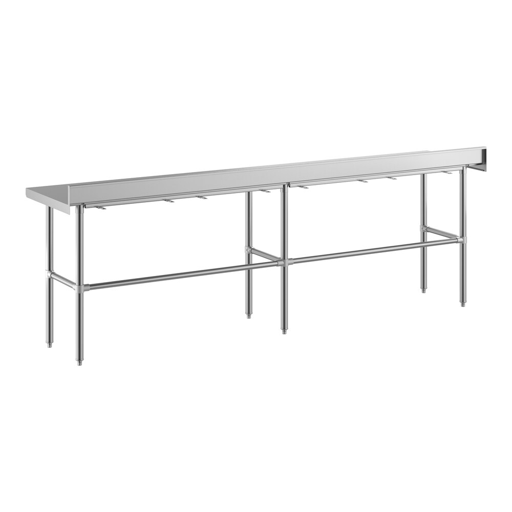 A long, rectangular stainless steel work table with an open base, four legs, and a 4-inch backsplash along the back edge.
