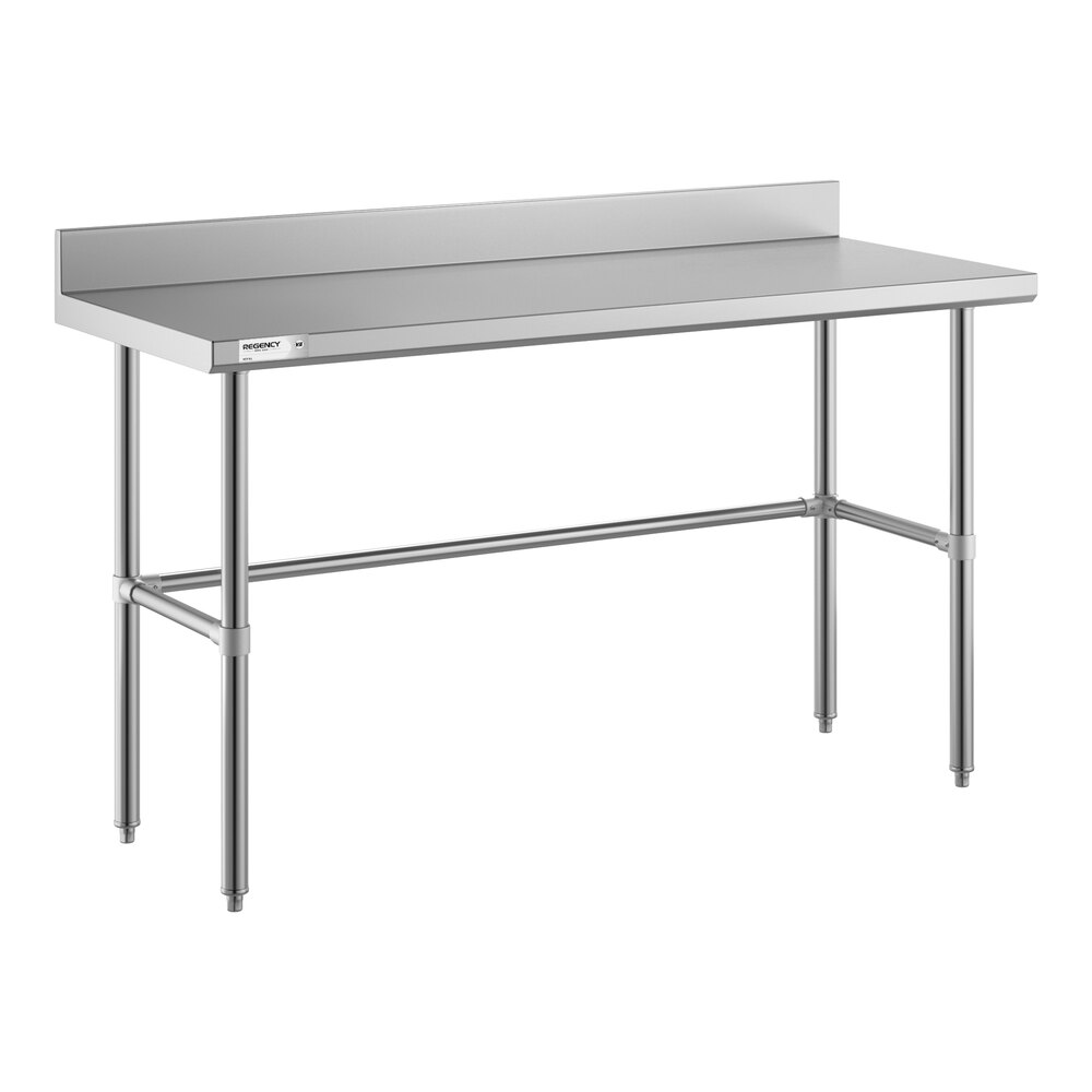 A stainless steel work table with an open base, four legs, and a 4-inch backsplash along the back edge.