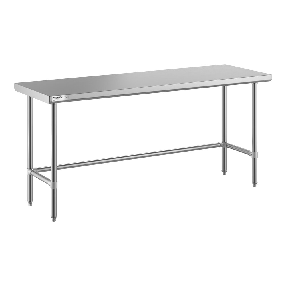 A rectangular stainless steel table with an open base and four legs connected by horizontal support bars.