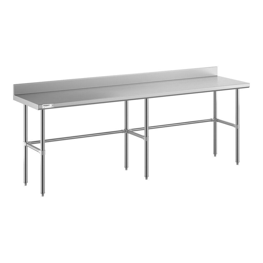 A long stainless steel work table with an open base, six legs, and a 4-inch backsplash along the back edge.